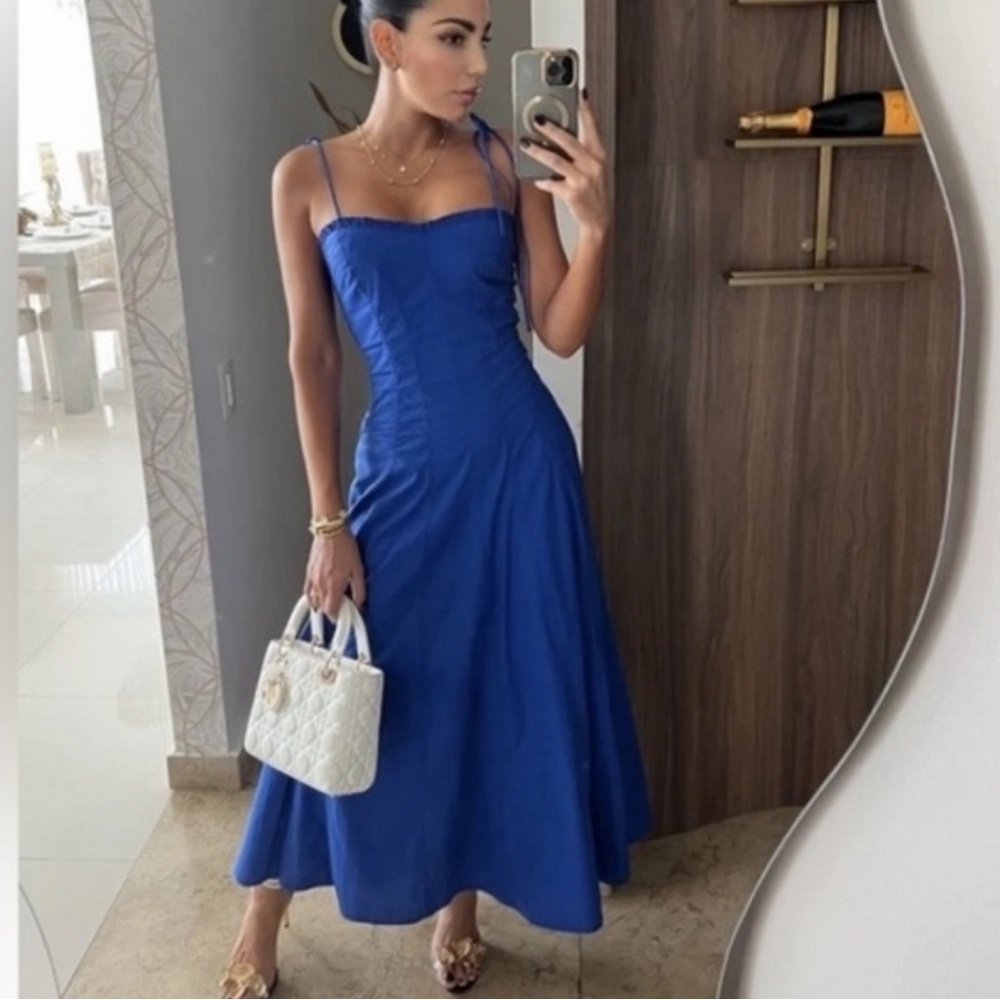 ZARA COTTON POPLIN TIE MIDI DRESS | CORNFLOWER BLUE | L NWT - Picture 3 of 16